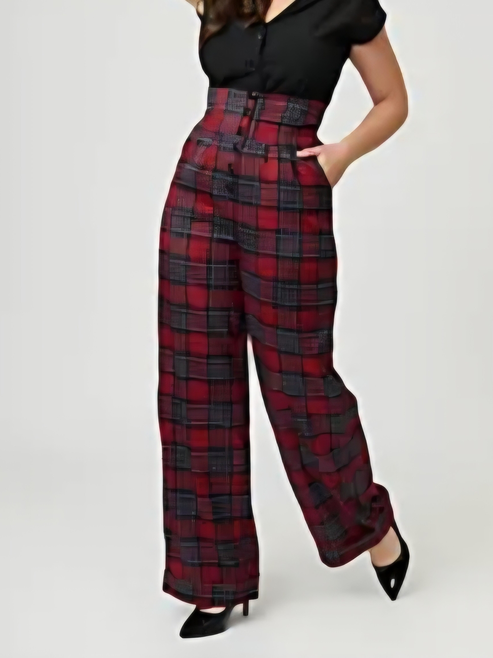 Unique Vintage Red and Black Plaid High-Waist Wide-Leg Pants
